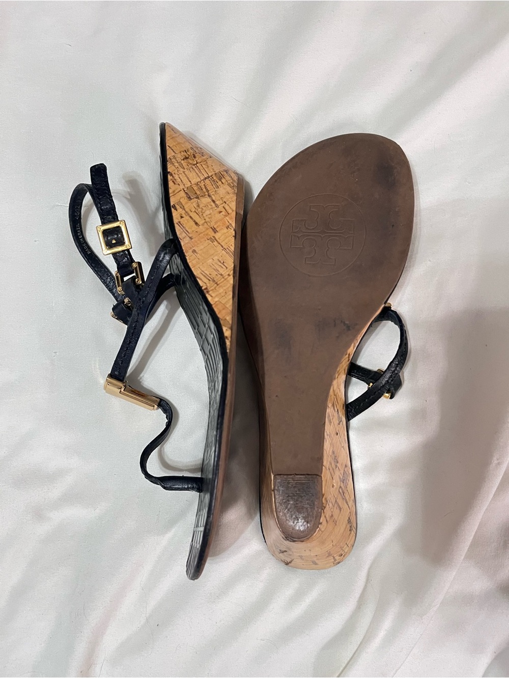 Tory Burch Black Leather Cork Wedge Sandals with Gold Buckle